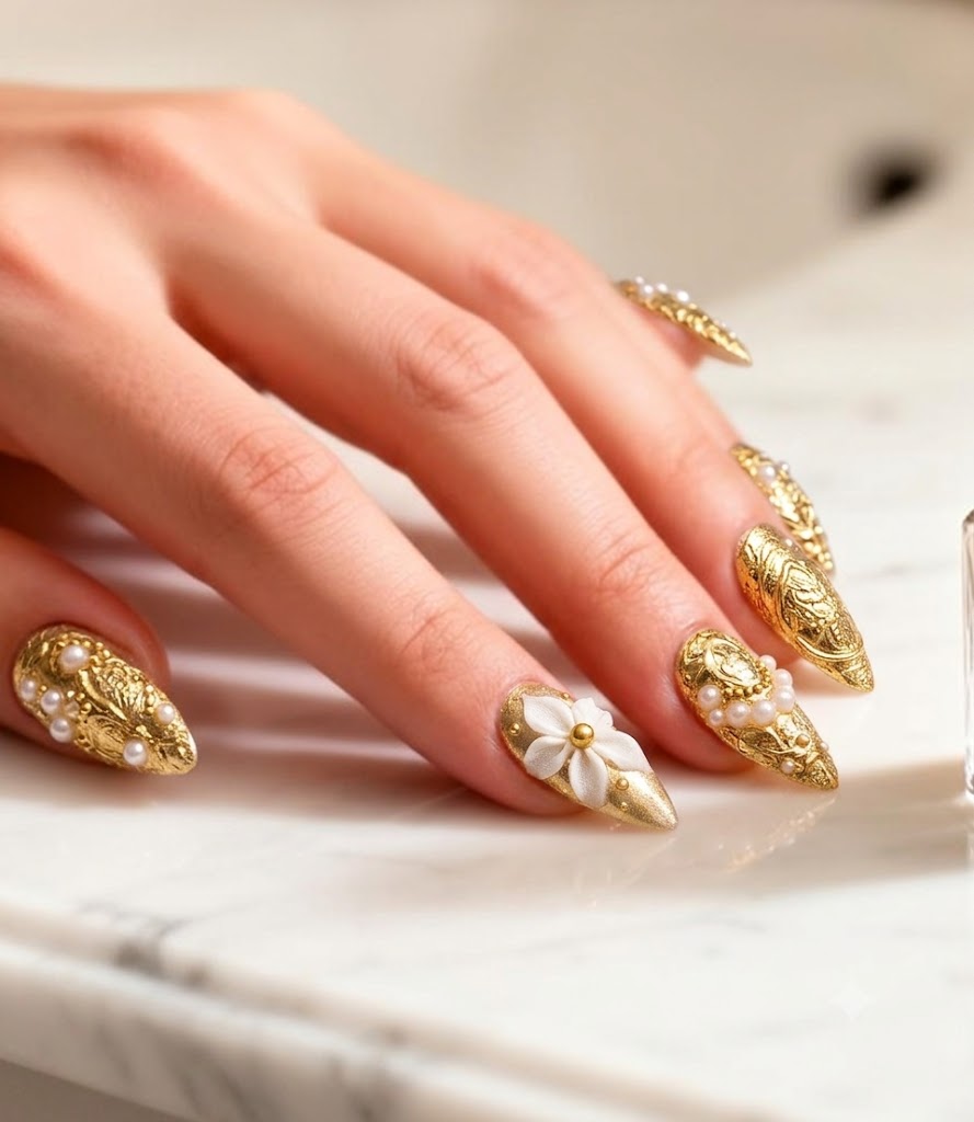 Luxury gold-sculpted nail art on a marble vanity